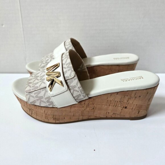 Michael Kors Sandals Womens 7.5 White Jilly Cork Platform Wedge Slide Logo NEW - Picture 1 of 9